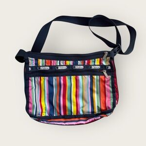 LeSportsac Multicolor Striped Deluxe Everyday Shoulder Bag With Pouch EUC rainbo